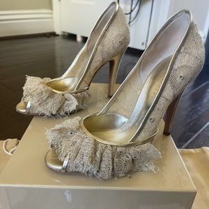 Sergio Rossi Gold Lace Peep Toe Heels Women’s Size 6.5